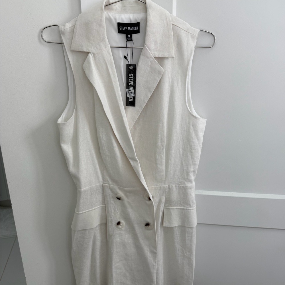 Steve Madden Cream Sleeveless Double-Breasted Linen Dress